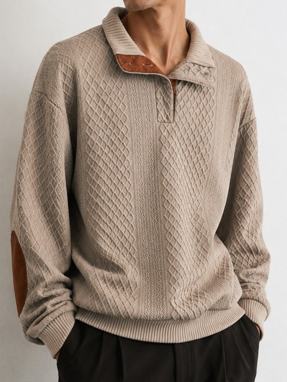 Vintage Style Beige Taupe Quilted Pullover Sweater XL Suede Elbow Patches Textur